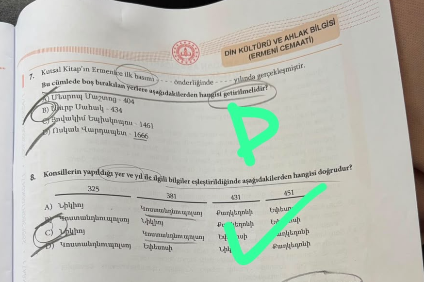 2026 LGS'de Ermeni okullarında öğrenim gören öğrencilere yöneltilen sorulardan bazıları