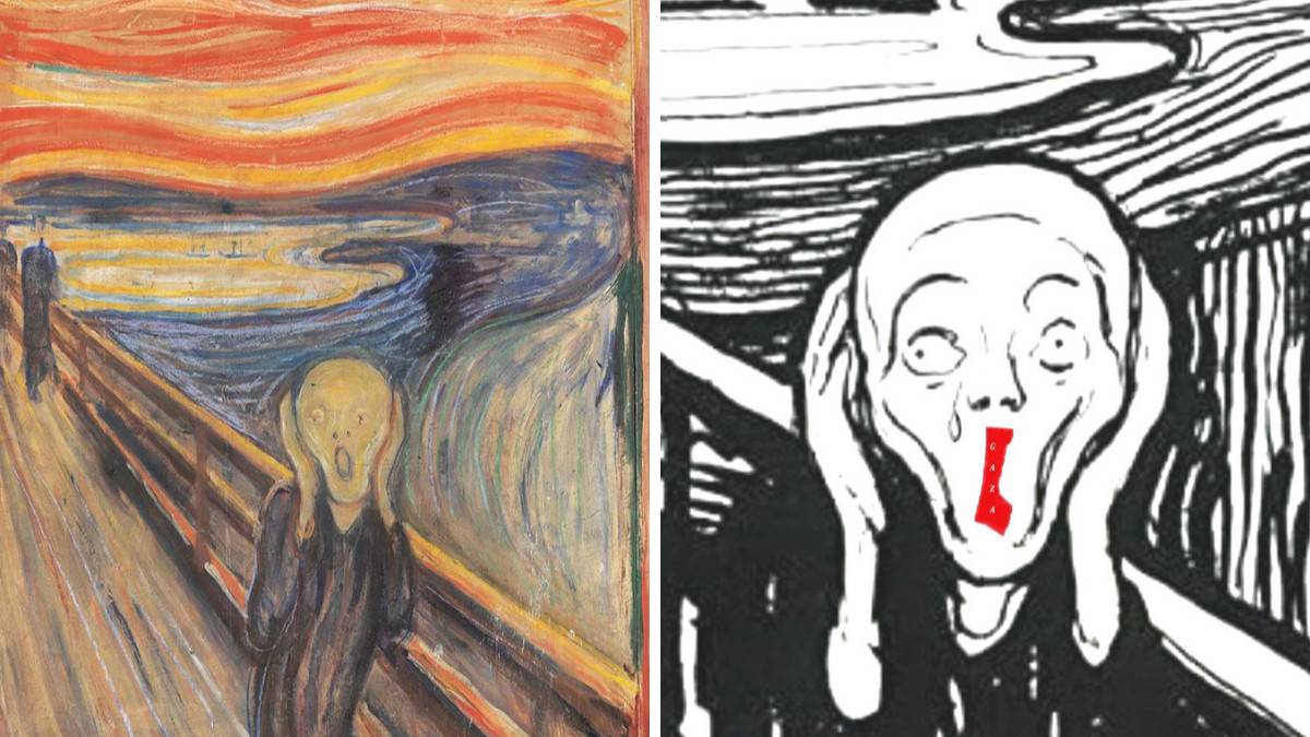 Edvard Munch'ın 1893 tarihli "Çığlık" tablosunun (solda), çizerimiz Ohan yorumu (sağda)