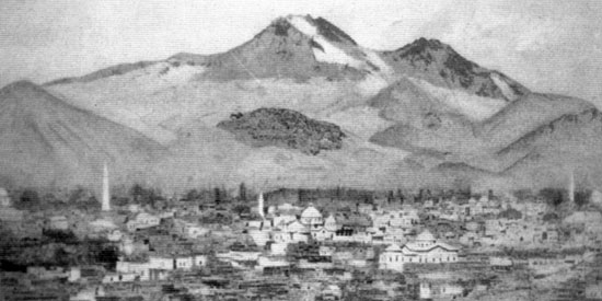 1915 öncesi Kayseri’nin genel görünümü (1915 Öncesinde Osmanlı İmparatorluğu’nda Ermeniler’, Raymond Harutiun Kévorkian ve Paul Paboudjian, Aras Yayıncılık, İstanbul 2013)