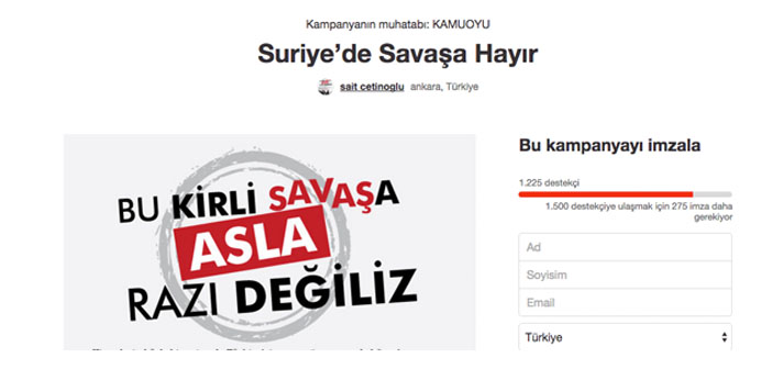 200 aydından "Suriye'de Savaşa Hayır" bildirisi