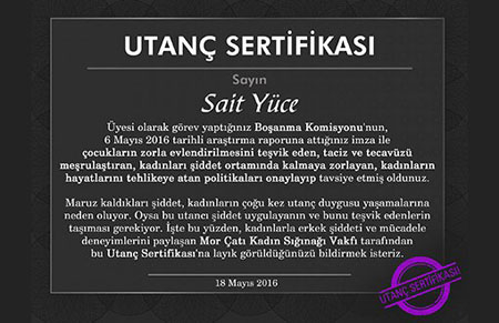 Mor Çatı, Boşanma Komisyonu'nun raporuna itiraz etmeyen üyelere 'Utanç Sertifikası’ gönderdi.