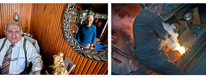 (Solda) Aynada yansıyan Hagop İnyapan, ‘Kendisinden çok feyz aldım.’ dediği Hagop Sakayan’la. (Sağda) Zareh Usta dökümhanesinde alın teri dökerken