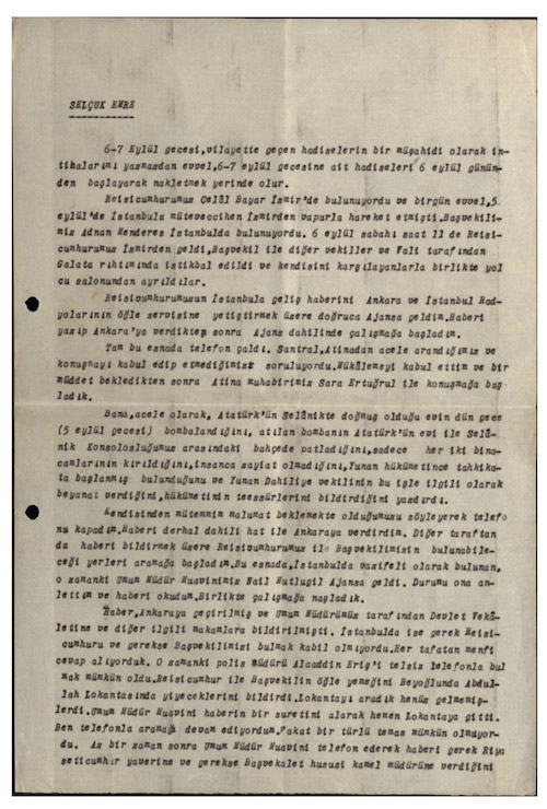 Dönemin AA muhabiri Selçuk Emre'nin raporunun ilk sayfası
