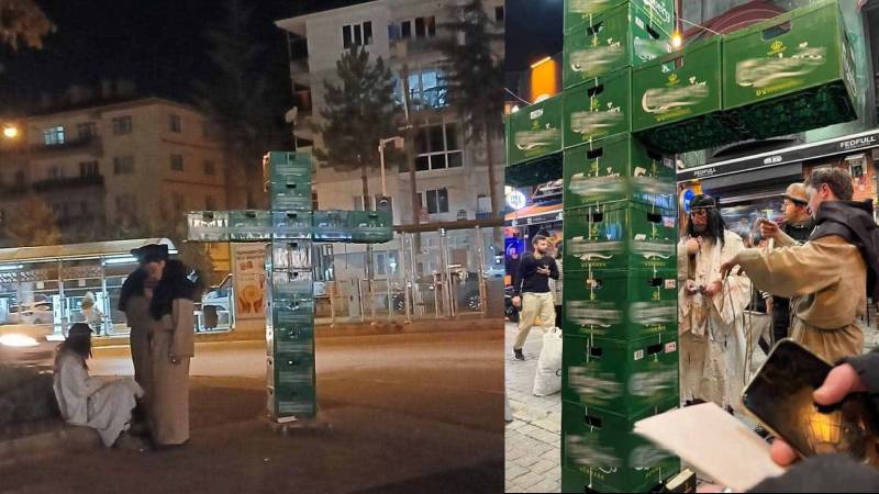 Eskişehir'de bira kasalarıyla haç işareti yapan 3 kişiye gözaltı